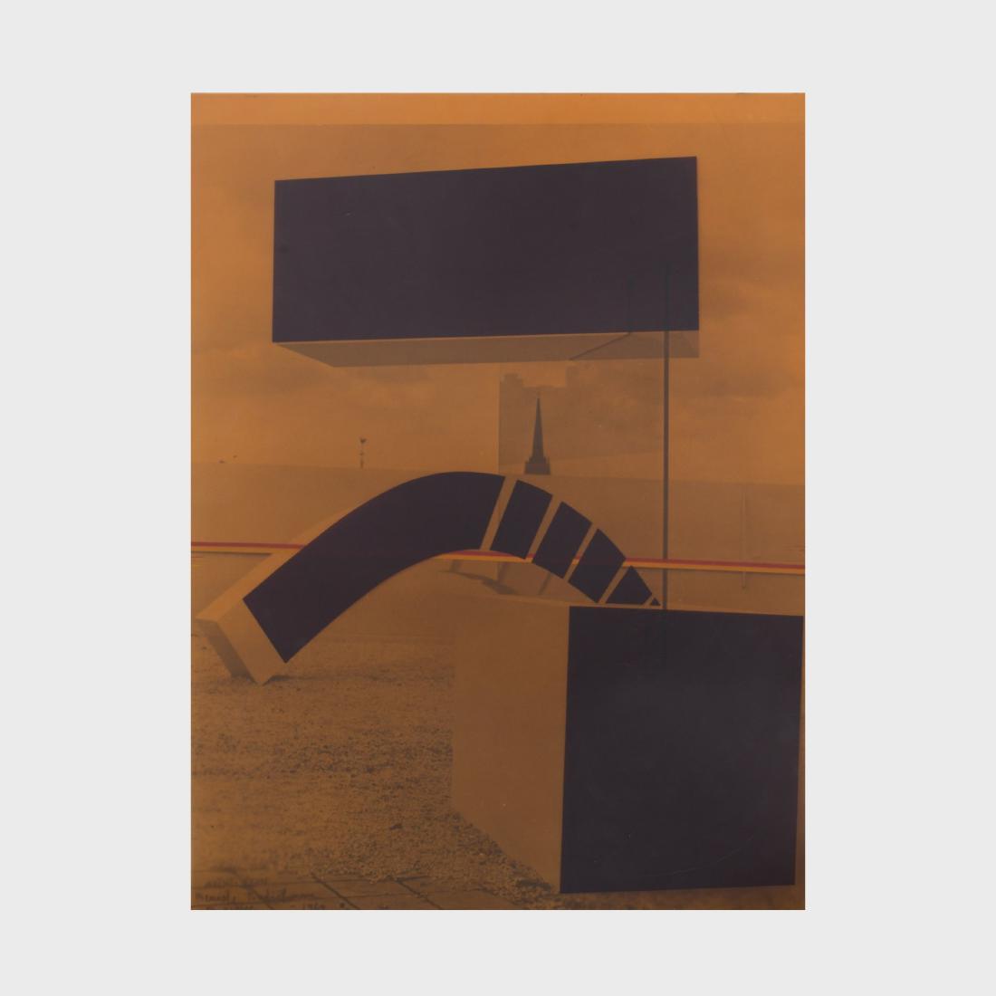 Menashe Kadishman (b. 1932): Bridge: Screenprint on mylar with black and white photograph with collage, 1969, signed, dated and inscribed 'artists proof' and 'to Elaine' in pencil. 19 1/2 x 14 1/2 in. (sheet), unframed.
