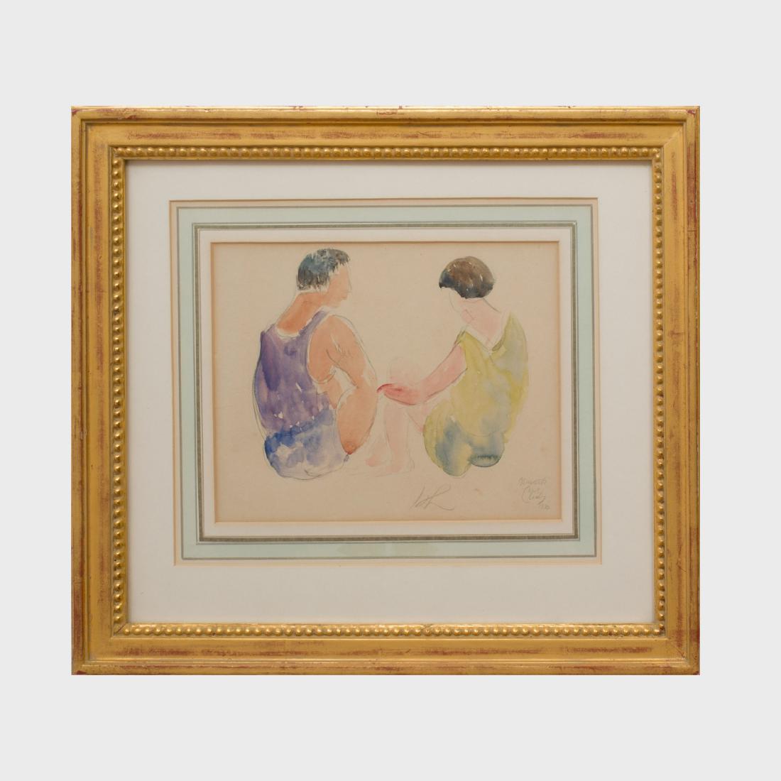 Richard Hayley Lever (1876-1958): Two Seated Figures: Watercolor on paper, 1930, signed with initials 'HL', dated and inscribed 'Newark Art Club' lower right, with label from FAR Gallery, NY. 8 1/2 x 11 in. (sight), 17 1/2 x 20 1/2 in. (frame).