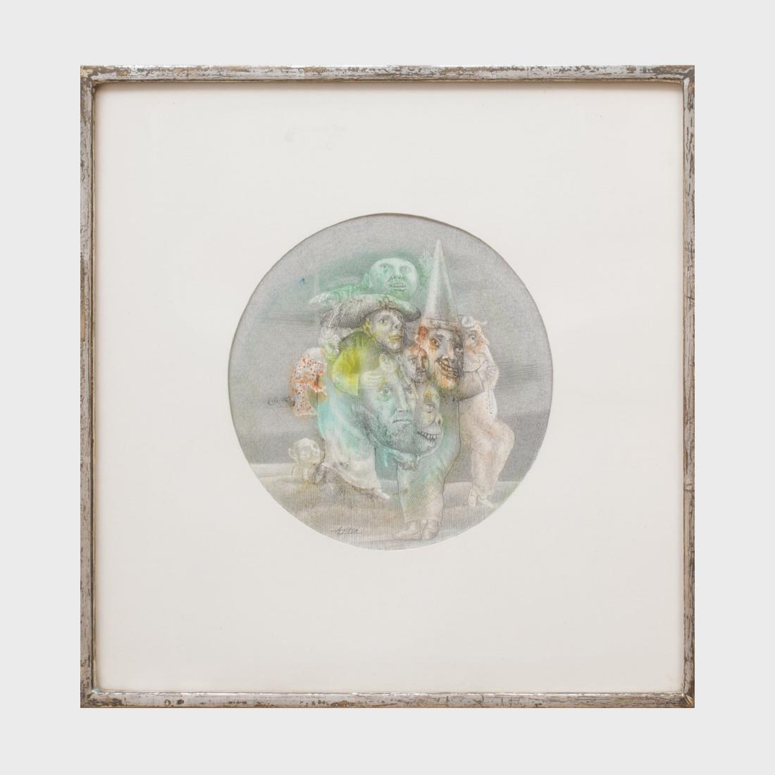 Manuel Ayaso (b. 1934): The Actors: Goldpoint, watercolor and wash on paper, 1970, signed 'Ayaso' lower left, with label from Forum Gallery, NY. 6 in. diameter (sight), 11 1/2 x 11 1/2 in. (frame).