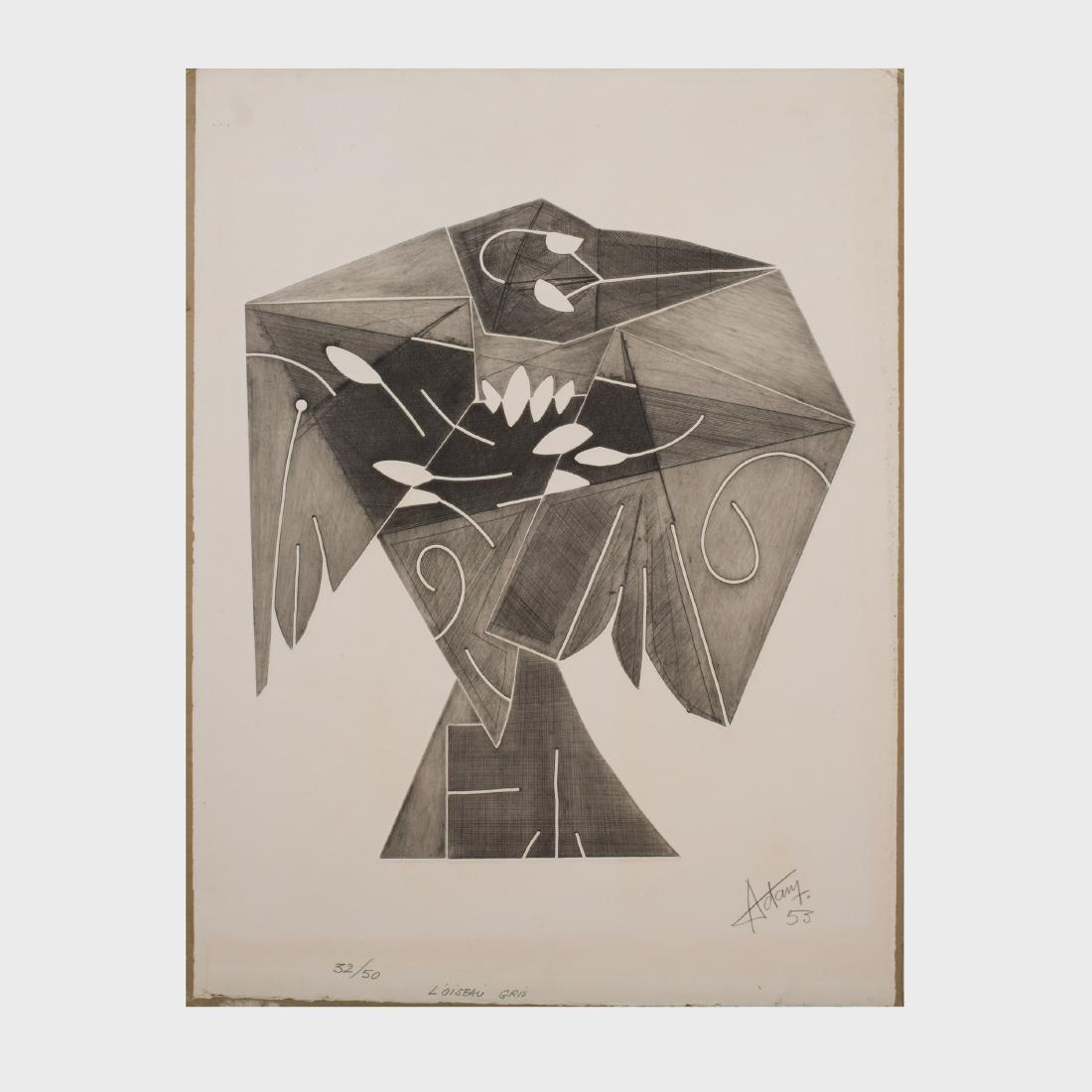 Henri Georges Adam (1904-1967): L'oiseau gris: Etching in black on wove paper, 1953, signed, titled and dated in pencil, numbered 32/50. 30 x 22 in. (sheet), unframed.