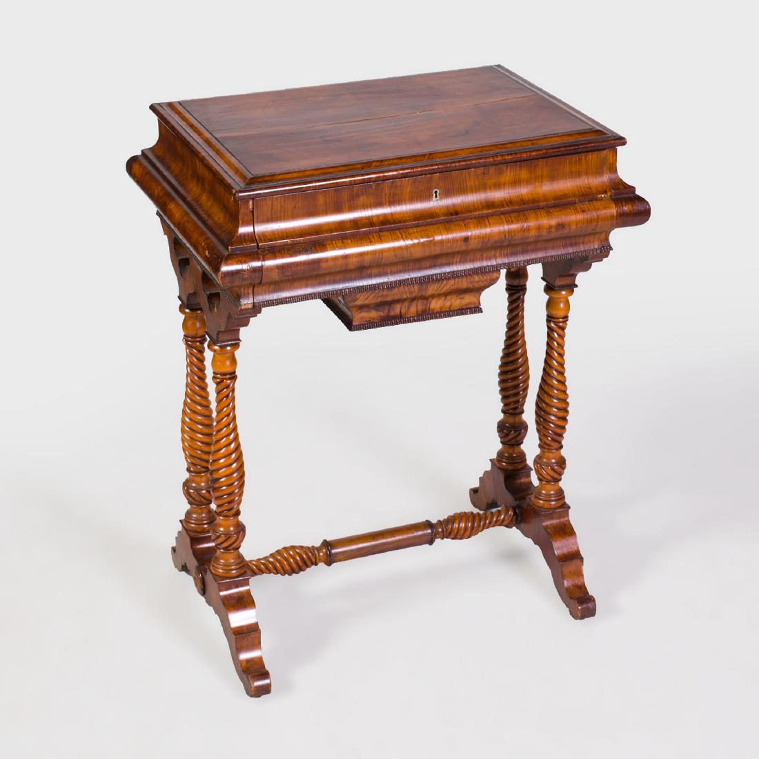 Victorian Walnut, Lemonwood Marquetry Sewing and Music: Victorian Walnut, Lemonwood Marquetry Sewing and Music Table Opening to a fitted interior with a mirror, two yarn swifts, compartments and a music box, dated 1849 in the marquetry; top fitted with lat
