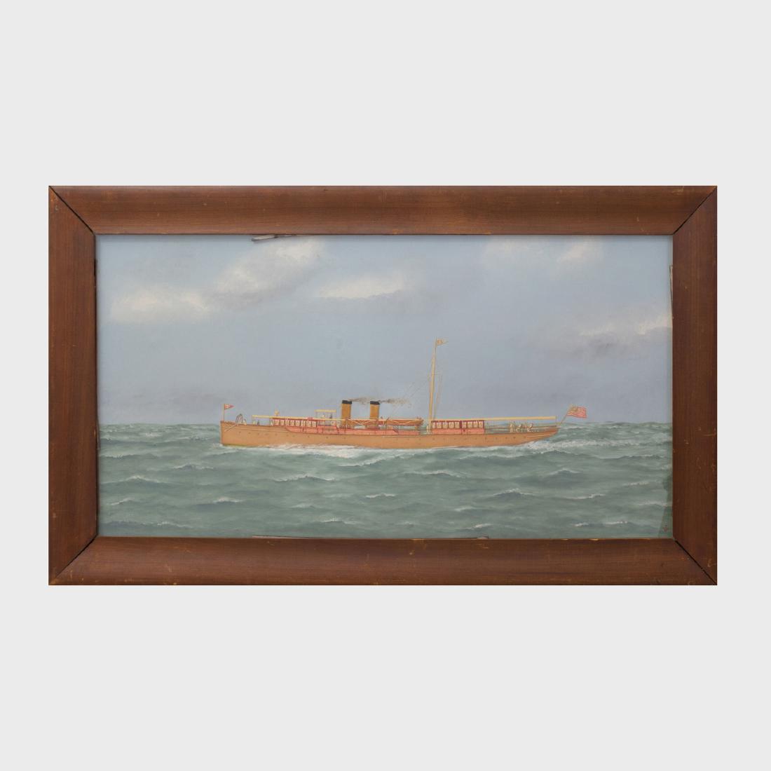 Thomas Willis (1850-1925): Steamship: Thomas Willis (1850-1925): Steamship Oil on canvas, monogrammed lower right, with applied velvet and hand embroidered decoration, with a paper label from Thomas Willis, 3 Sumpter Street....Street, Bro
