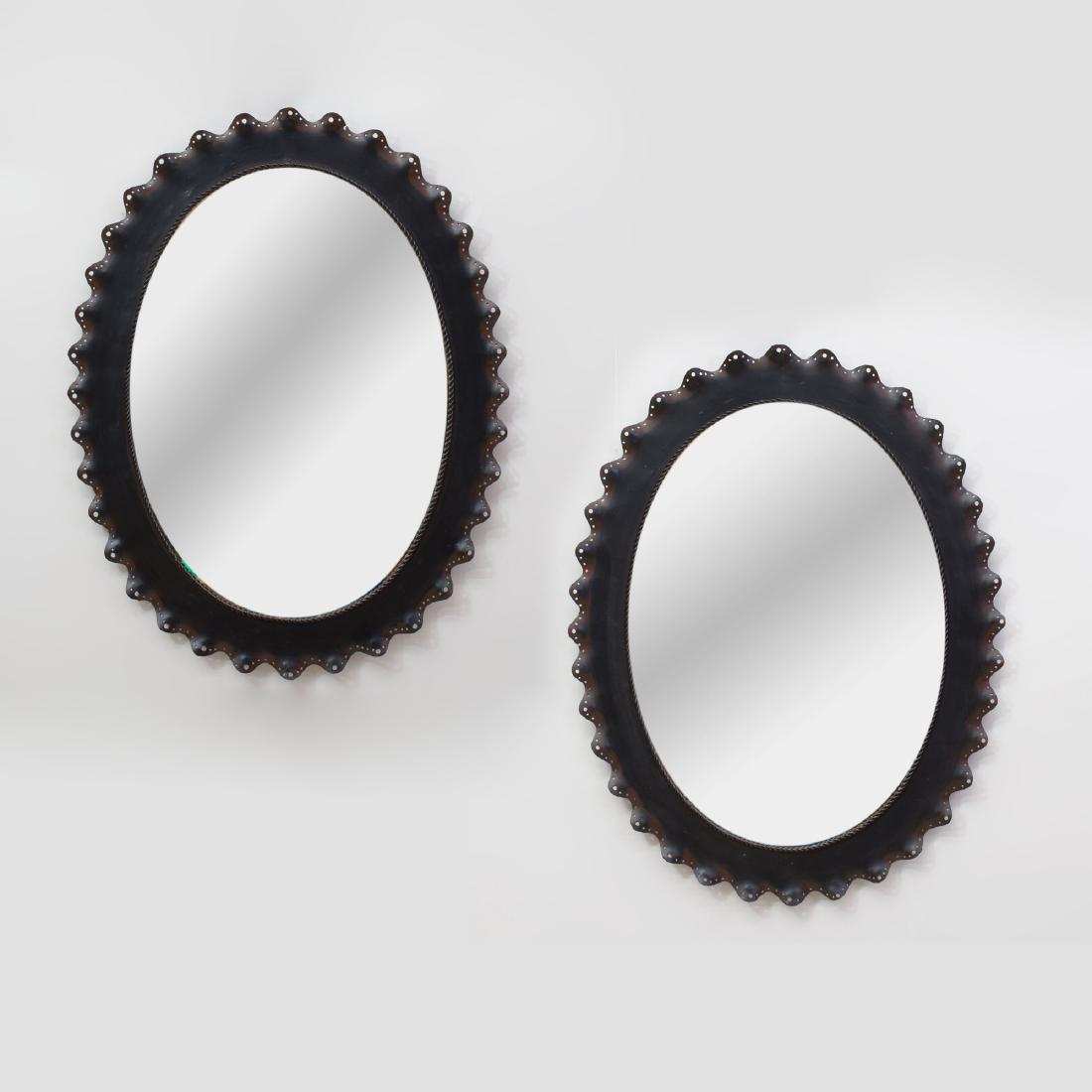 Pair of Modern Ebonized Metal Oval Mirrors: Pair of Modern Ebonized Metal Oval Mirrors 29 x 22 1/2 in.