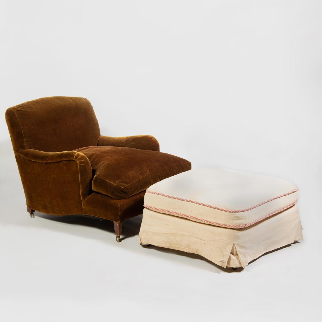 English Brown Velvet Upholstered Club Chair and: English Brown Velvet Upholstered Club Chair and Ottoman, stamped Howard & Co. Stamped 'Howard & Sons, Ltd., London' on the brass casters of the chair; the ottoman is stamped 'Acme, Made in the USA'.Ch