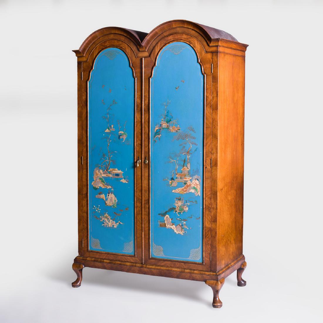 Dutch Rococo Style Walnut and Blue Lacquer Armoire: Dutch Rococo Style Walnut and Blue Lacquer Armoire Fitted with shelf supports. 80 1/2 x 47 x 20 3/4 in.