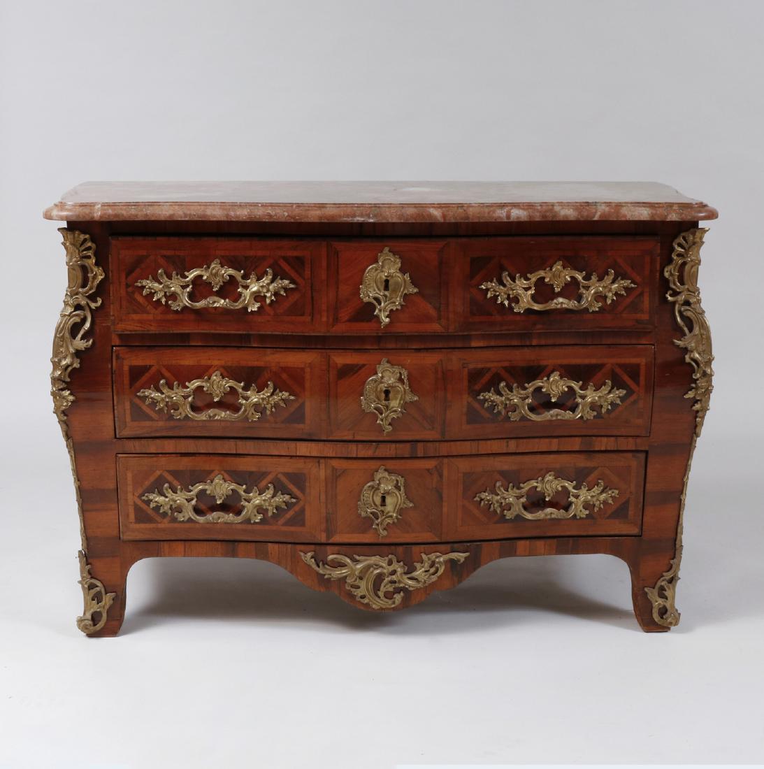 Régence Ormolu-Mounted Kingwood Parquetry Commode: Régence Ormolu-Mounted Kingwood Parquetry Commode Fitted with marble top. 34 x 52 x 23 in.