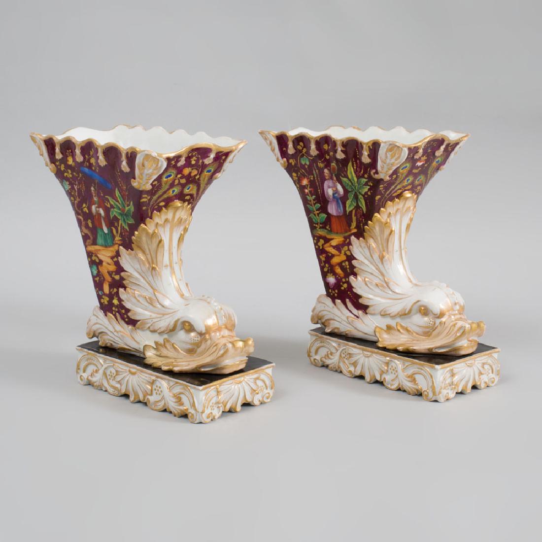 Pair of Paris Porcelain Chinoiserie Decorated: Pair of Paris Porcelain Chinoiserie Decorated Cornucopia Form Vases, in the Style of Jacob Petit Unmarked, in two parts, bolted together. 9 1/2 in. high. Property from the Collection of Melinda and Pa