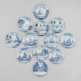 Set of Twelve Blue and White Delft 'Herring Fishing'