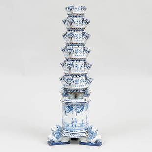 Large Dutch Delft Blue and White Six Tier Tulipiere: Large Dutch Delft Blue and White Six Tier Tulipiere Marked in underglaze blue with hatchet (?) above 3, with paper rondel 'DD 22' and a blank rondel. 30 x 11 3/4 x 11 3/4 in. Property from the E