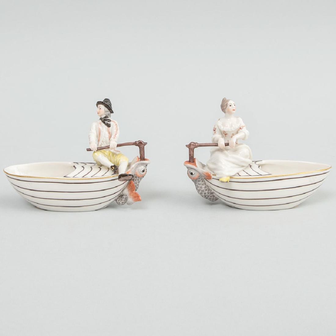Pair of Frankenthal/Nymphenburg Porcelain Boat Form: Pair of Frankenthal/Nymphenburg Porcelain Boat Form Salts with Boy or Girl at Rudder Each marked in under glaze blue with crowned CT monogram over 1900 and 1959, and with painter's marks, also impress