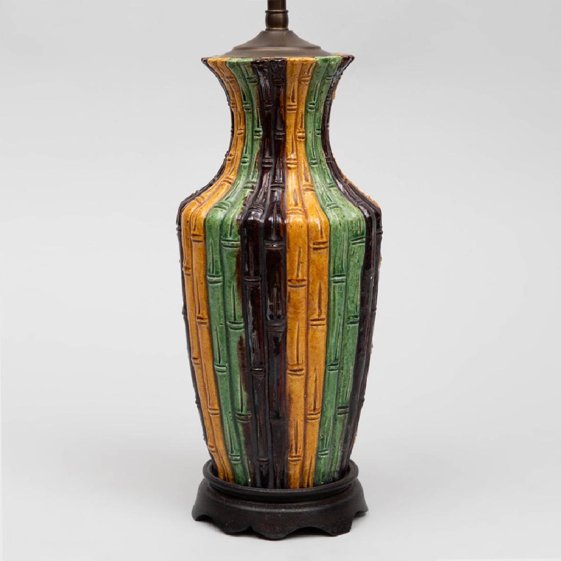 Chinese Green, Yellow and Aubergine Glazed Porcelain: Chinese Green, Yellow and Aubergine Glazed Porcelain Faux Bamboo Vase, Mounted as a Lamp 20 in. high (to socket). The Collection of Judith & Gerson Leiber