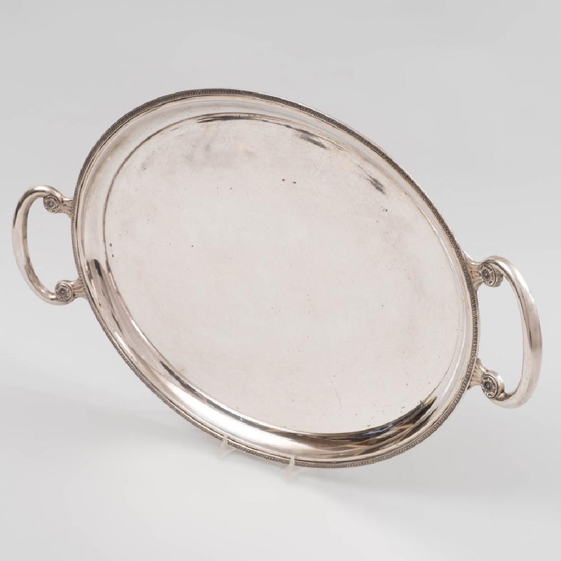 Hungarian Silver Two Handled Tray: Hungarian Silver Two Handled Tray Marked '.800'. 23 1/2 in. wide (over handles), 45 oz. approx. weight. The Collection of Judith & Gerson Leiber