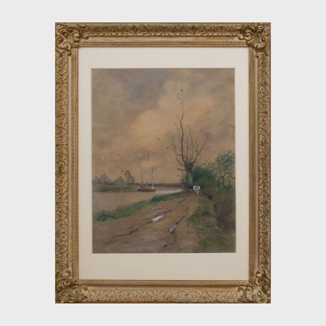 Henry Ward Ranger (1858-1916): Sailboats by a Stream: Henry Ward Ranger (1858-1916): Sailboats by a Stream Watercolor and gouache on paper, 1882, signed 'Henry Ranger' and dated lower right, with label from Manley Riback, NY. 20 x 15 1/2 in. (sheet), 28 