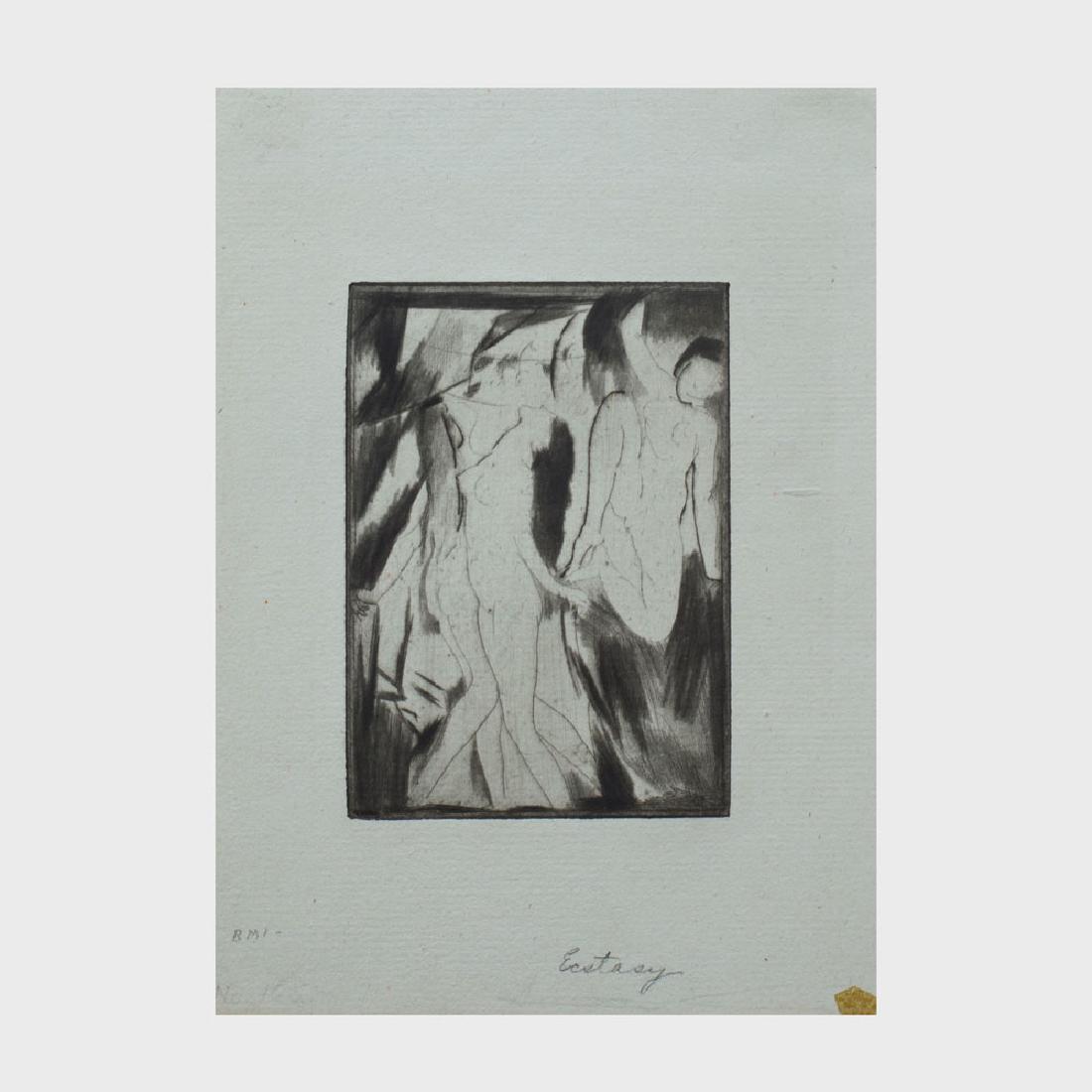 Arthur Bowen Davies (1862-1928): Ecstasy: Arthur Bowen Davies (1862-1928): Ecstasy Drypoint in black on blue paper, 1918, titled and variously inscribed in pencil in another hand. 7 x 5 in. (sheet), unframed.
