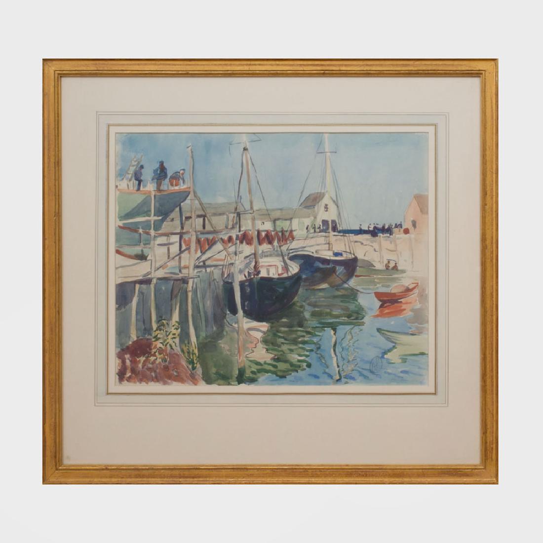 Richard Hayley Lever (1876-1958): Shipbuilders,: Richard Hayley Lever (1876-1958): Shipbuilders, Gloucester, Mass Watercolor on paper, 1933, signed with initials 'HL' lower right, with label from FAR Gallery, NY. 17 x 21 1/2 in. (sheet), 28 1/2 x 31