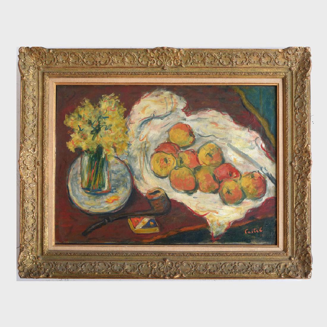 Moshe Castel (1909-1992): Still Life with Apples,: Moshe Castel (1909-1992): Still Life with Apples, Flowers and Pipe Oil on canvas, 1932, signed 'Castel' and dated lower right. 15 x 21 1/2 in., 21 x 27 1/2 in. (frame).
