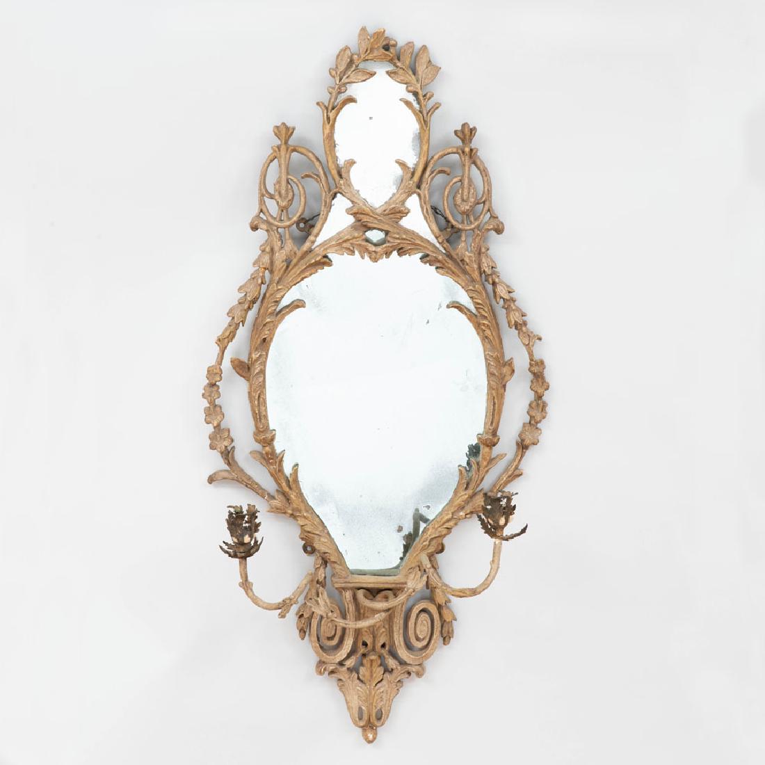 George III Painted Papier Mâché Two-Light Girandole: George III Painted Papier Mâché Two-Light Girandole Mirror In the manner of John Linnell. 39 x 18 in. Property from the Repository of a Distinguished Businessman