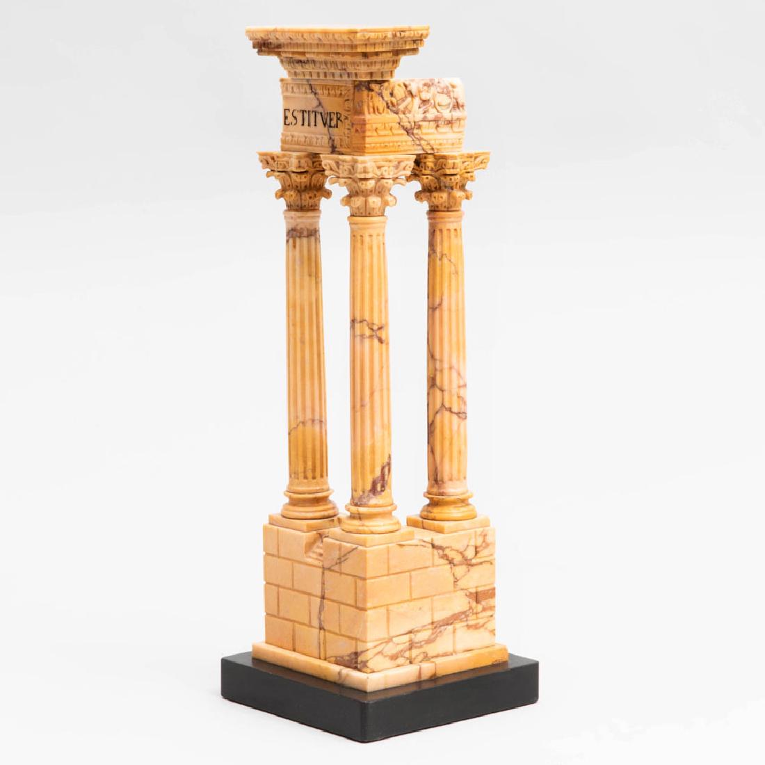 Italian Siena Marble Model of Temple Ruins: Italian Siena Marble Model of Temple Ruins On a marble base. 15 x 5 x 5 in. 