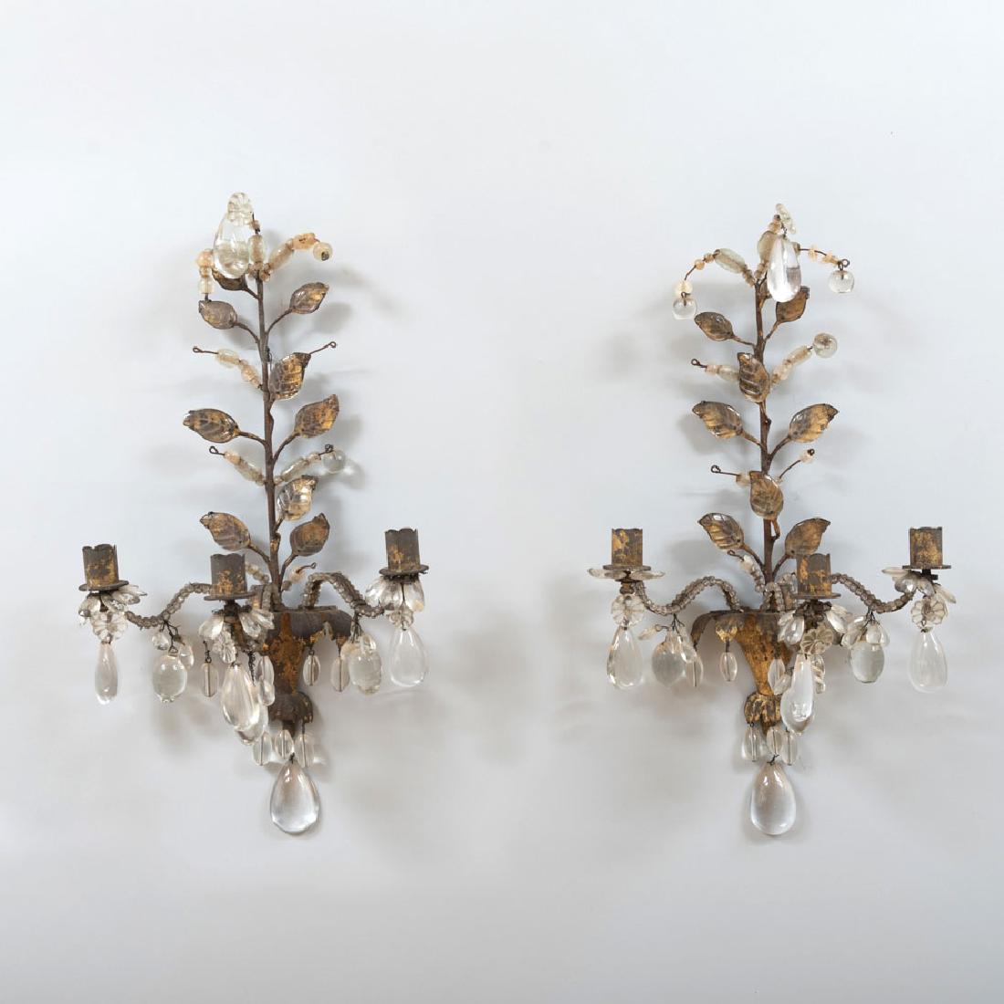 Pair of French Three Light Gilt-Metal and Glass Luster: Pair of French Three Light Gilt-Metal and Glass Luster Sconces, After Maison Baguès 21 x 13 x 6 1/2 in.