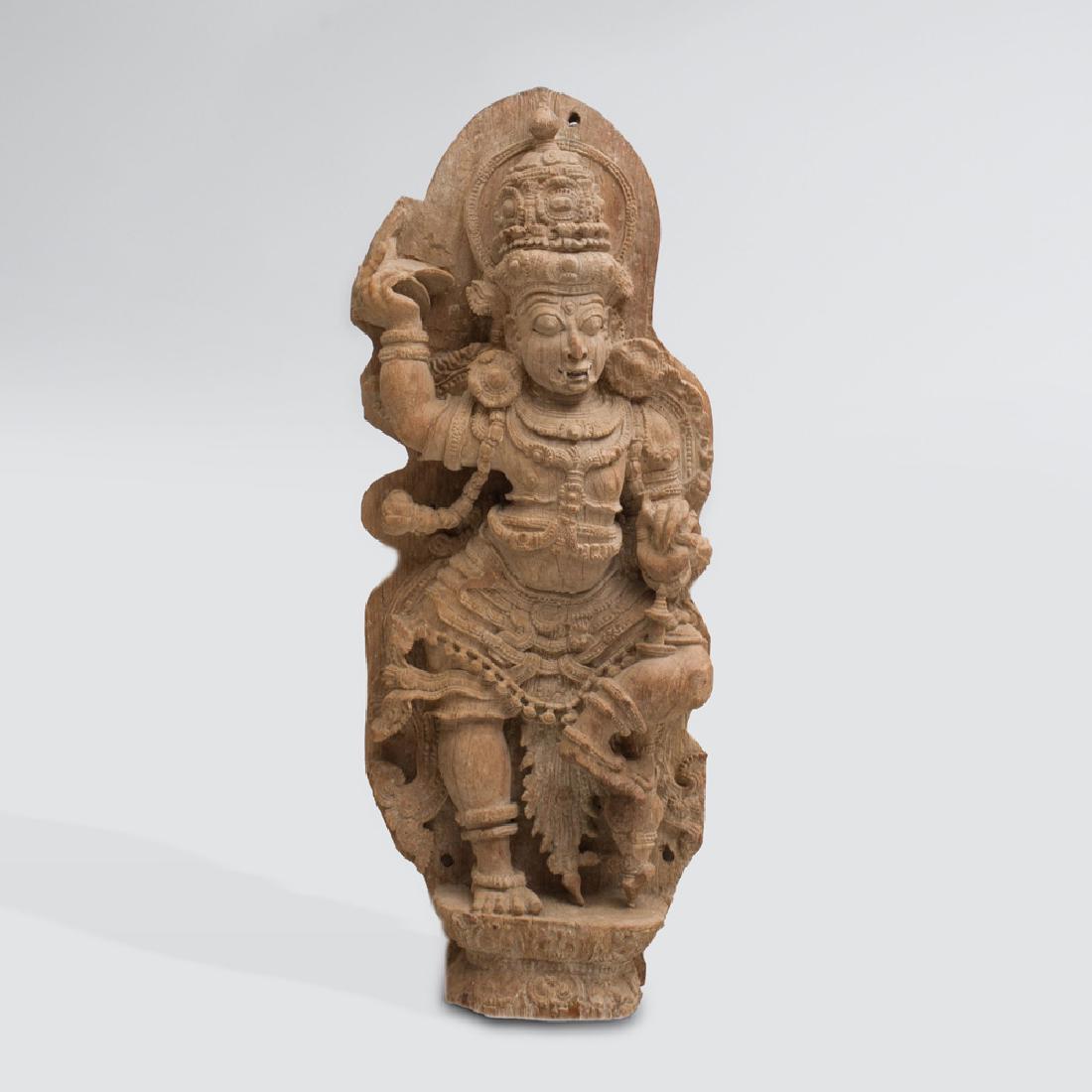 South India Carved Hardwood Guardian Dvarapala, Kerala: 39 x 15 x 6 in.