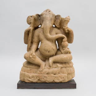 Indian Sandstone Figure of Ganesha: Now raised on a metal base. 17 1/2 x 13 3/4 x 3 3/4 in. Overall height: 19 in. 