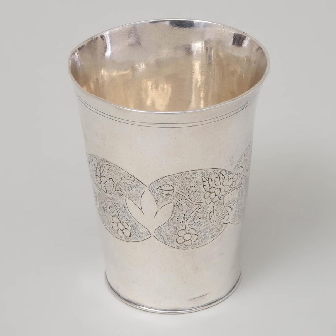 Polish Silver Beaker: Polish Silver Beaker Maker's mark 'MK', Lvov, 1836. 3 1/4 x 2 1/2 in. diam., 2.5 oz. approx. weight. Property from the Collection of Melinda and Paul Sullivan, Eyrie Knoll, West Hartford, Connect
