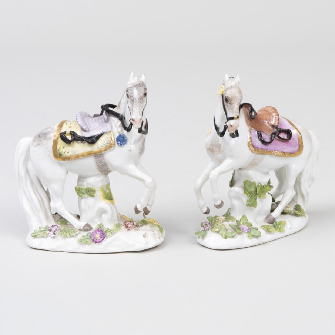 Pair of Meissen Porcelain Models of Saddled Prancing: Pair of Meissen Porcelain Models of Saddled Prancing Horses Blue crossed swords marks. 4 1/2 in. high. Property from the Estate of William Kelly Simpson The Antique Porcelain Company, NY; Collection o