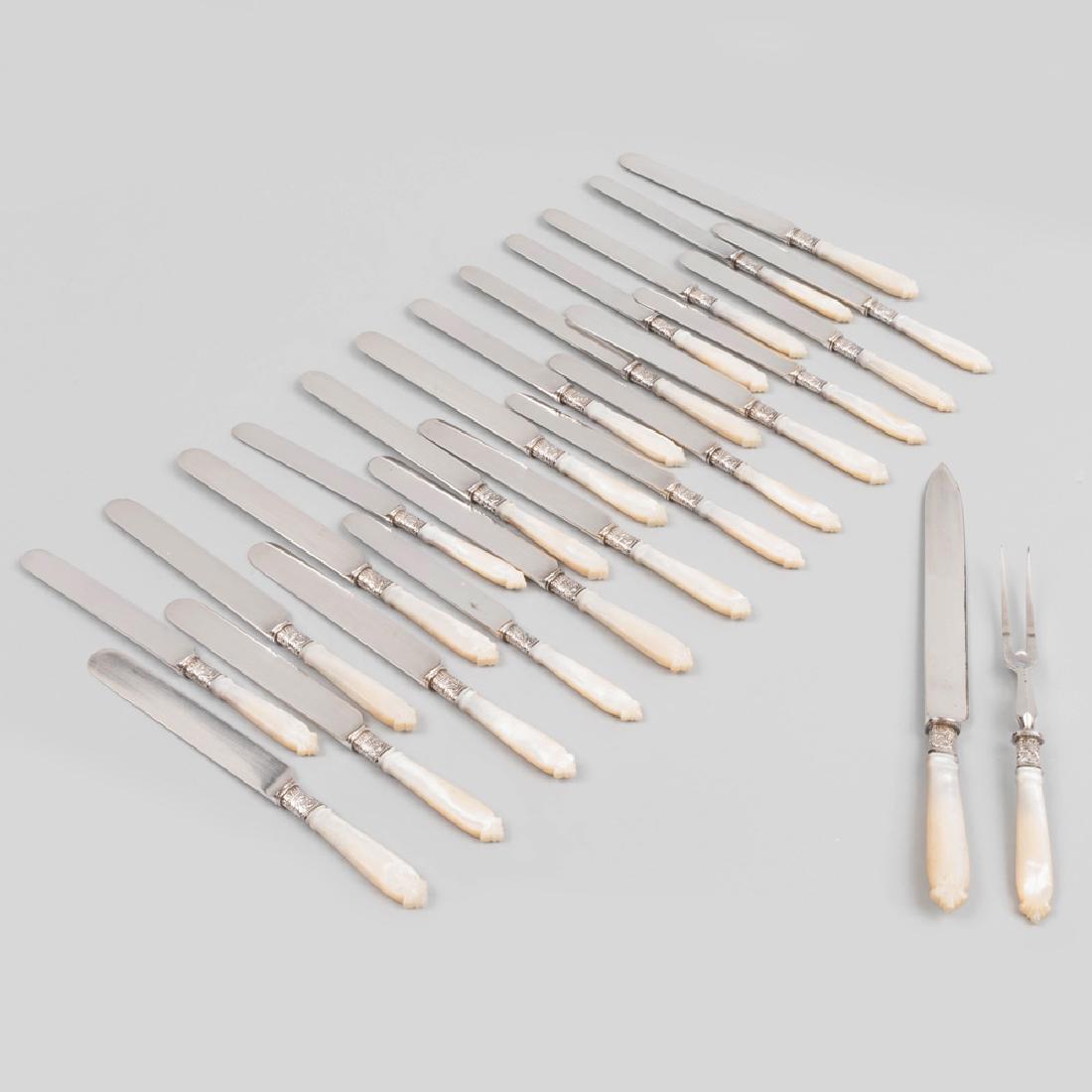 Set of Duhme & Co. Mother-of-Pearl Handle Knives: Set of Duhme & Co. Mother-of-Pearl Handle Knives Comprising: Twelve dinner knives with steel blades Twelve lunch knives with steel blades A carving set with steel blades and tines The dinner knives