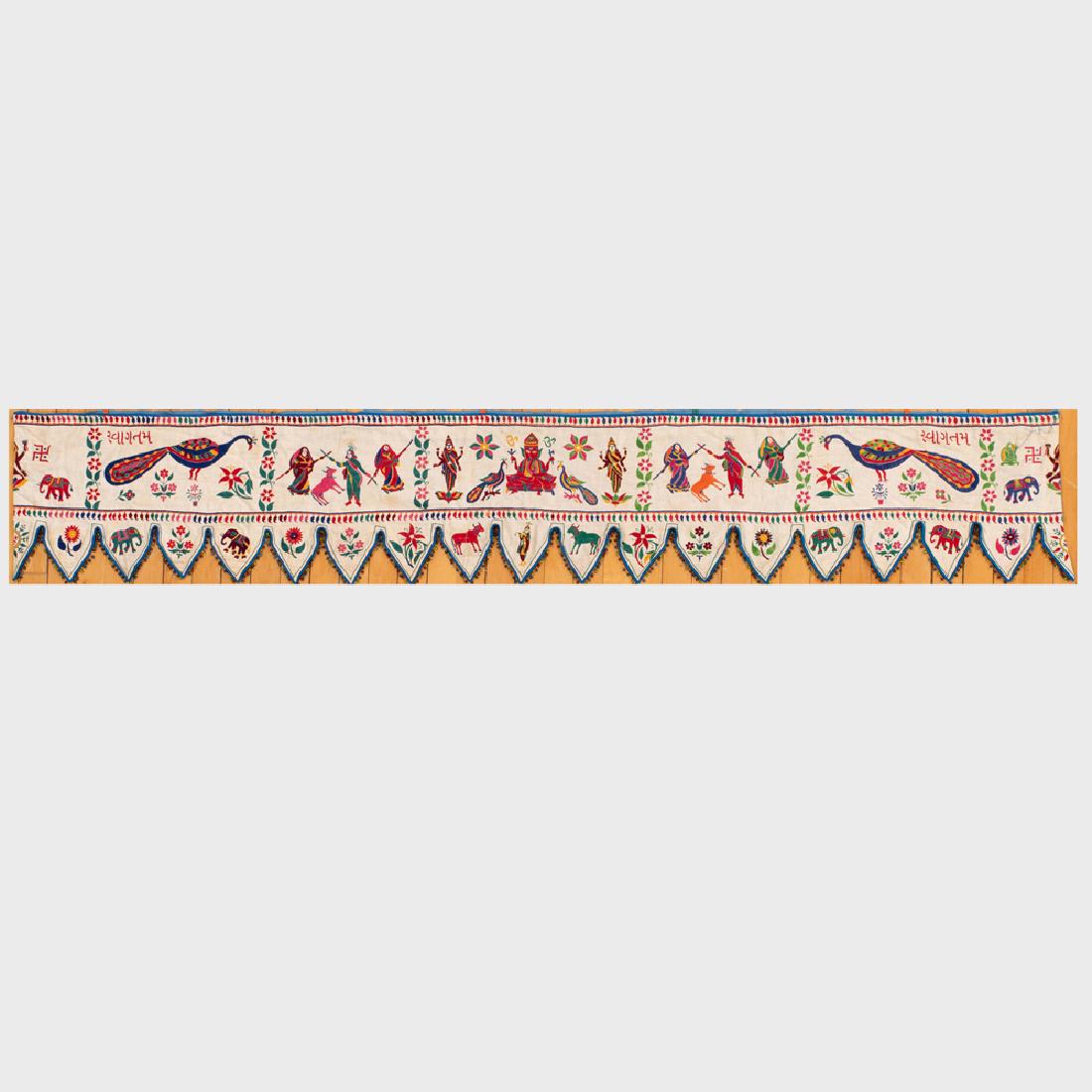 Pair of Printed Cotton Curtains and an Embroidered: Pair of Printed Cotton Curtains and an Embroidered Pelmet The pelmet embroidered with deities and peacocks. The pair 91 x 60 in. each panel, the pelmet 106 x 18 in. Katie Ridder and Peter Pennoyer