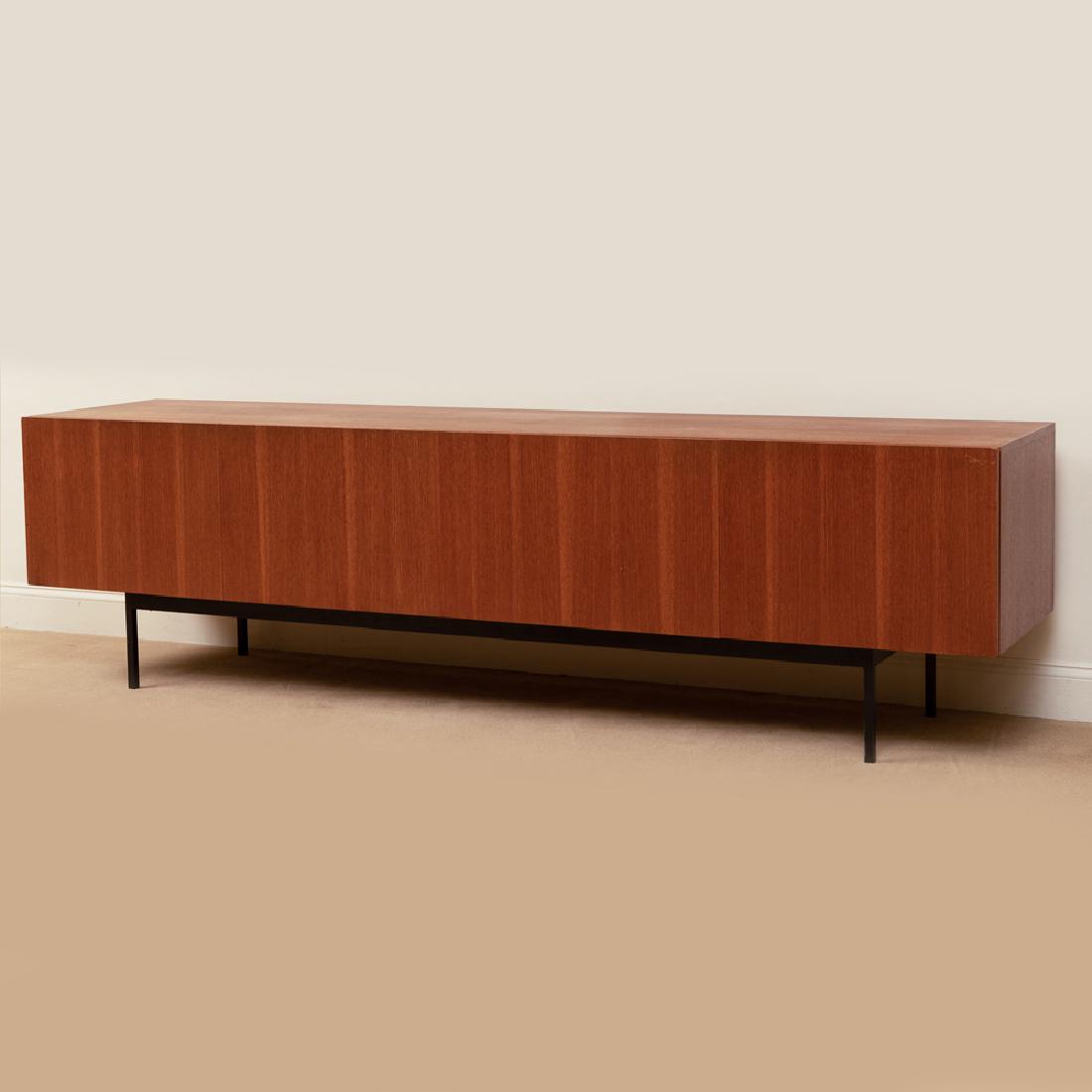 Dieter Waeckerlin Metal-Mounted Teak Credenza for Behr: Dieter Waeckerlin Metal-Mounted Teak Credenza for Behr Fitted interior with drawer and a caddy to one side. 27 x 97 1/2 x 22 in. ,p>