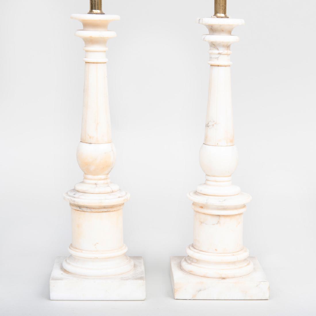 Pair of Columnar Alabaster Lamps: Pair of Columnar Alabaster Lamps 19 x 5 x 5 in. (to socket). ,p>