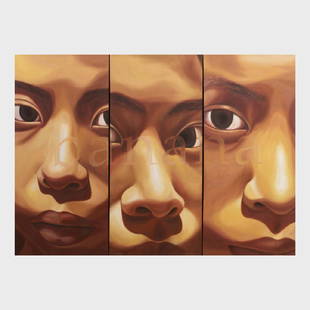 Su-en Wong: Banana: Su-en Wong: Banana Three-panel oil on canvas, unsigned. Each panel 50 x 22 3/4 in., overall 50 x 69 in., unframed. Note: Singapore-born artist Su-en Wong examines ideas of identity, socialization and