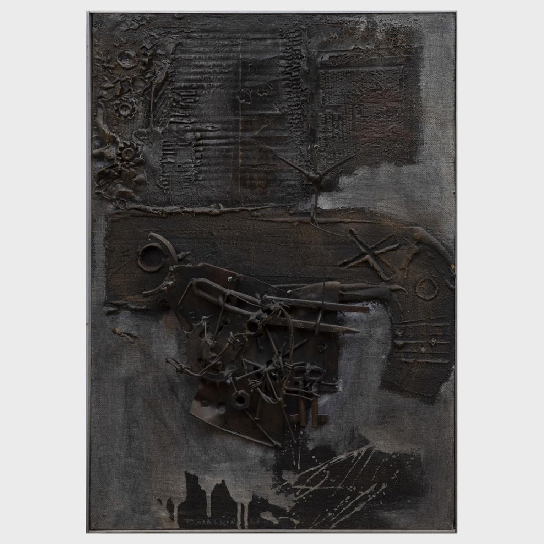 Yigal Tumarkin (b. 1933): Untitled: Yigal Tumarkin (b. 1933): Untitled Mixed media collage on burlap, 1961, signed 'Tumarkin' and dated on the reverse. 25 1/2 x 18 in., 253/4 x 18 1/4 in. (frame). Exhibited: Queens County Art and Cultur