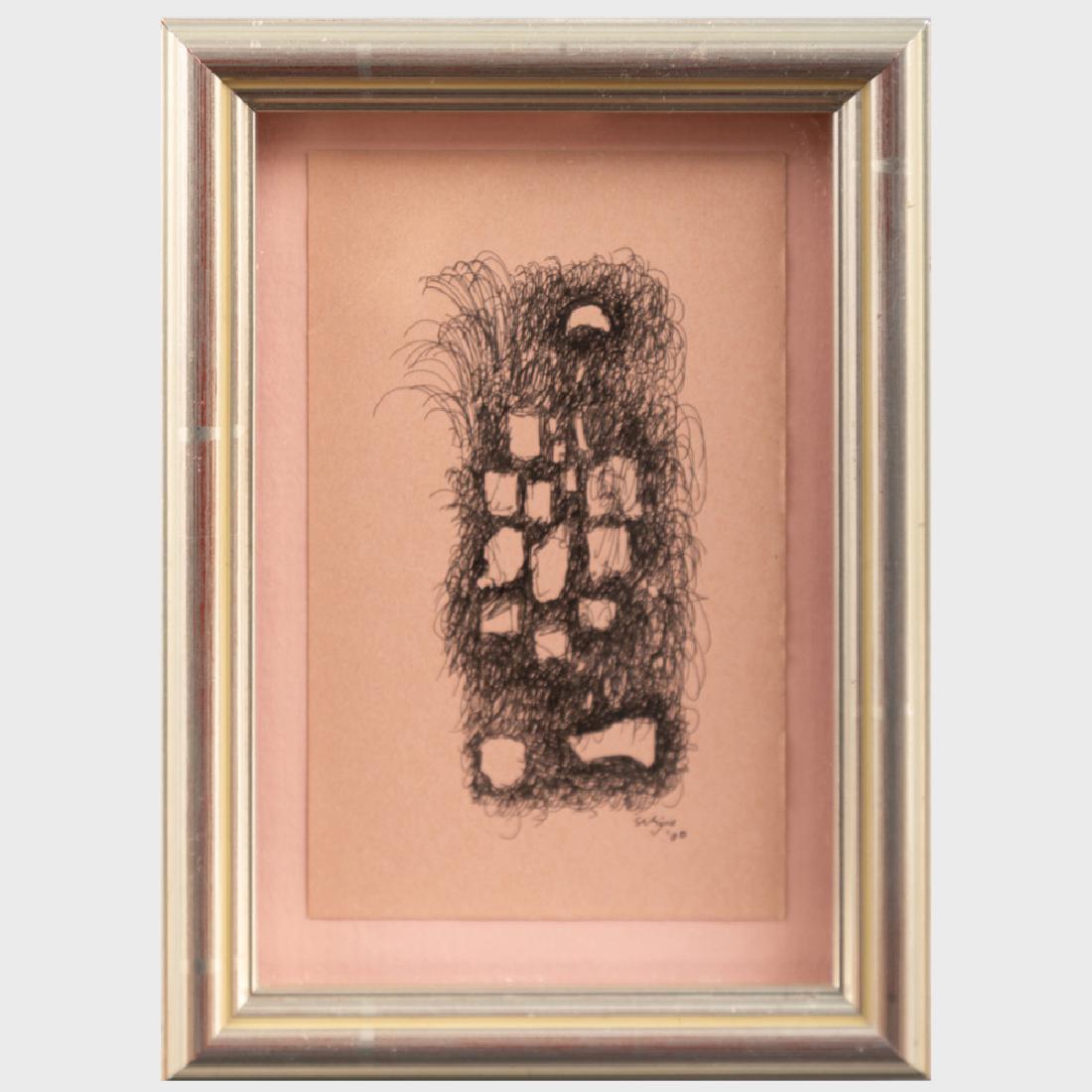 Charles Seliger (1926-2009): Untitled: Charles Seliger (1926-2009): Untitled Ink on pink paper, 2000, signed 'Seliger' and dated lower right. 5 x 3 in. (sheet), 6 3/4 x 4 3/4 in. (frame). The artist. Works from the Collection of Elaine G.