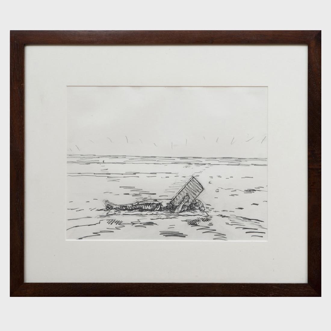 Graham Nickson (b. 1946): Study for Bather with: Graham Nickson (b. 1946): Study for Bather with Reflector Pencil on paper, 1981, Signed 'Graham Nickson', titled and dated on the reverse. 11 x 14 in. (sheet), 18 1/2 x 21 1/2 in. (frame). ,p>