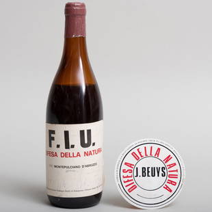 Joseph Beuys (1921-1986): F.I.U. Wine Bottle: Wine bottle with signed label; together with a Beuys sticker.Bottle 11 1/2 in. (height).Provenance: Lucio Amelio.