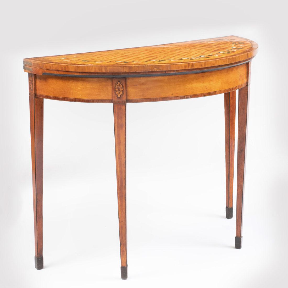 George III Polychrome Painted Satinwood D-Shaped Card: George III Polychrome Painted Satinwood D-Shaped Card Table The hinged top opening to a baise-lined gaming surface. 29 3/4 x 36 x 17 1/4 in. Open: 34 1/4 in. Property of a Lady from a Berkshire Home D