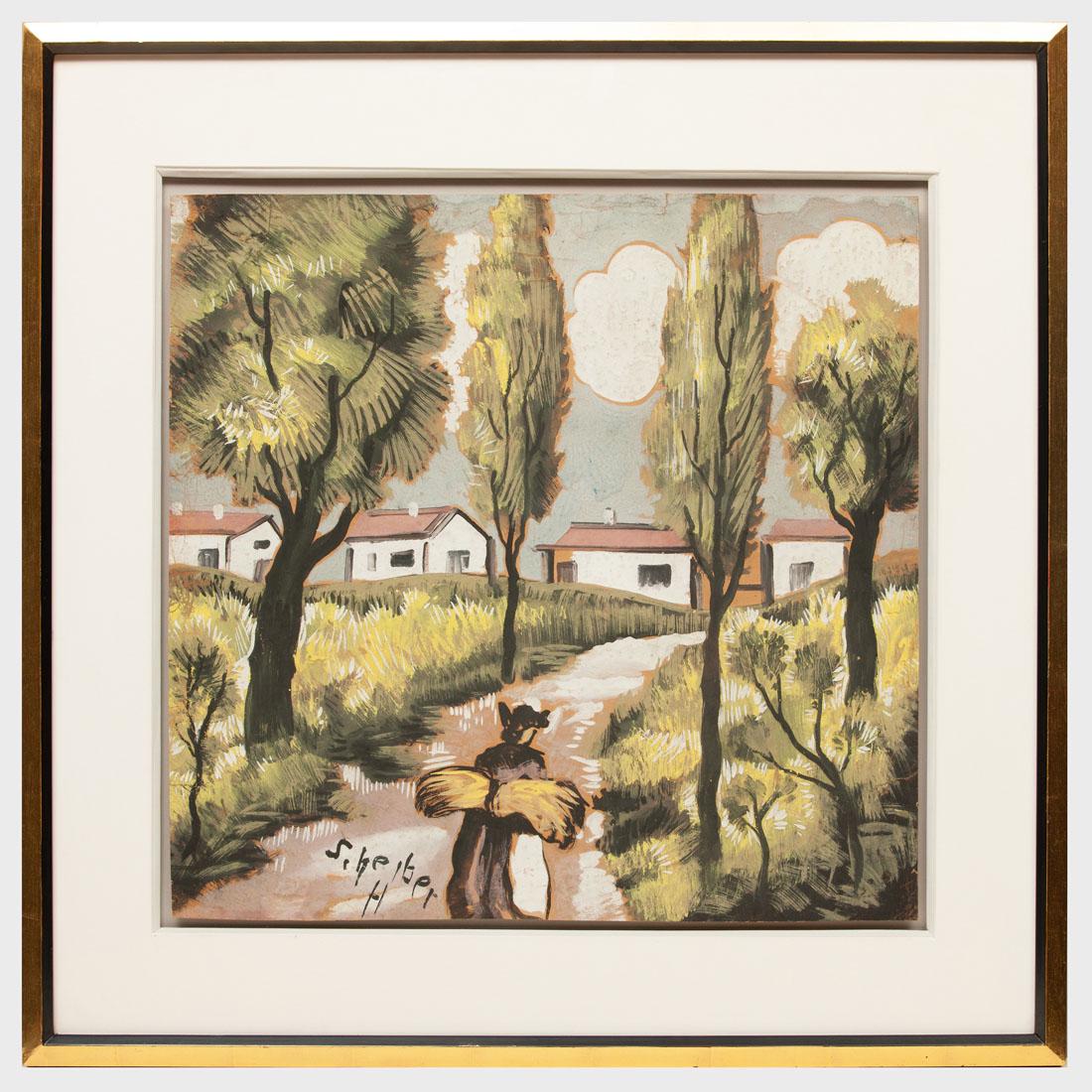 Hugo Scheiber (1873-1950): The Village: Hugo Scheiber (1873-1950): The Village Gouache on paper, signed 'H Scheiber' lower left. 20 x 20 3/8 in. (sheet), 29 x 29 in. (frame).