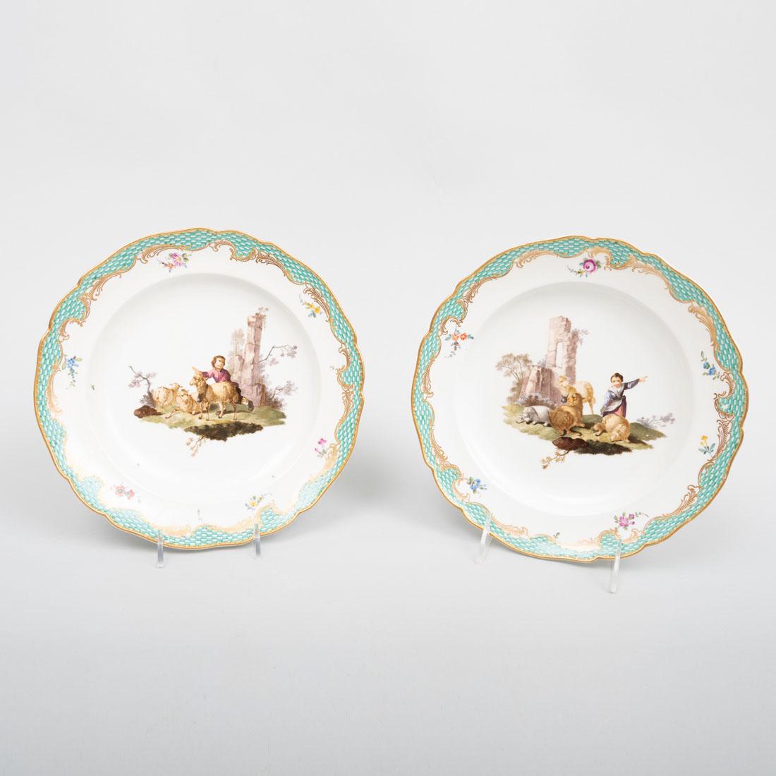 Two Meissen Porcelain Plates Decorated with Shepherds: Two Meissen Porcelain Plates Decorated with Shepherds Blue crossed swords and dot marks. 9 1/4 in. diam.