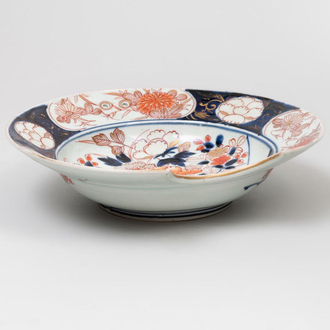 Japanese Porcelain Imari Barber's Bowl: Japanese Porcelain Imari Barber's Bowl 10 7/8 in. wide. Moxham's Antiques, Bradford-on-Avon, Wiltshire.