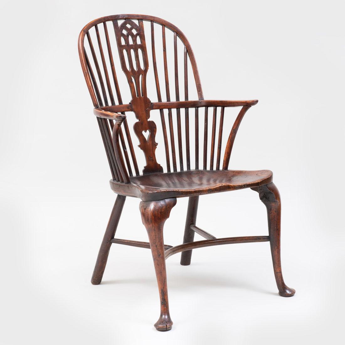George II Yew Wood Windsor Chair: George II Yew Wood Windsor Chair Fitted with a pierced back splat, raised on pad feet. 38 1/4 x 23 x 23 1/2 in.
