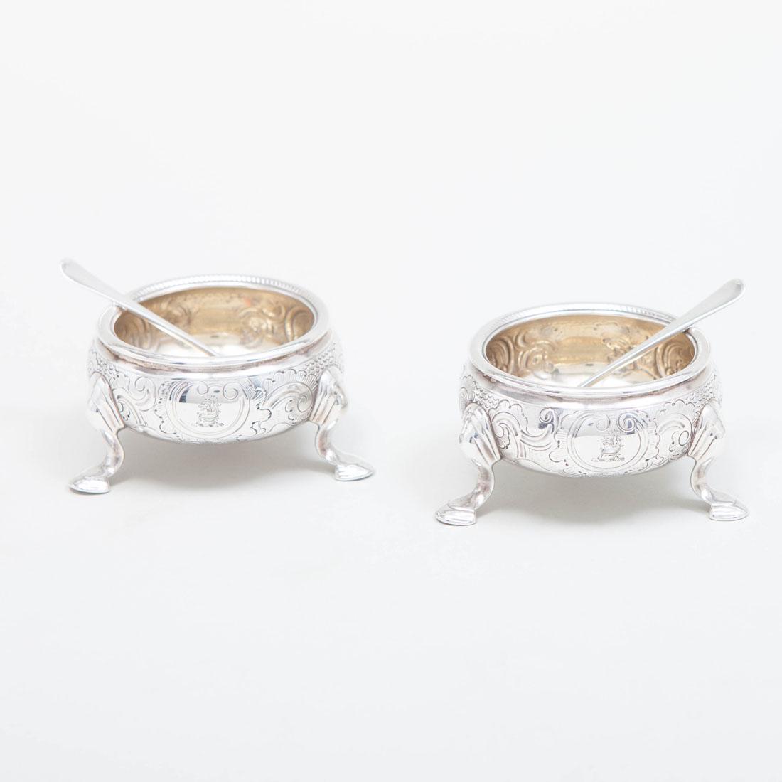Pair of George II Silver Footed Salts and Two Salt: Pair of George II Silver Footed Salts and Two Salt Spoons Mark of Edward Wood, London, 1742, gilt wash to the interiors; the spoons indistinctly marked. 1 1/2 x 3 1/2 in. diam., 8.2 oz. approx. w