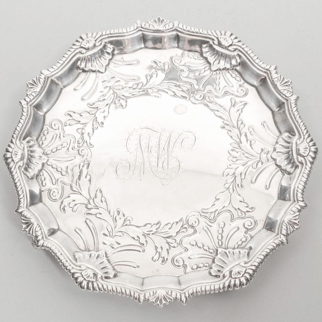 George III Silver Waiter: George III Silver Waiter Mark of Francis Crump, London, 1764; monogrammed. 7 in. diam., 8.3 oz. approx. weight.