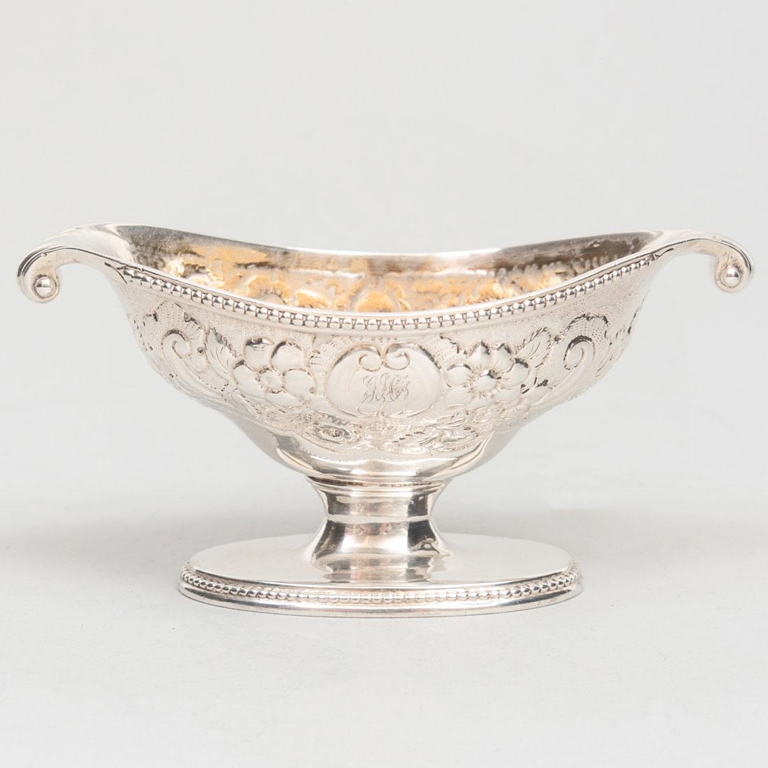 George III Silver Salt Cellar: George III Silver Salt Cellar Mark of Robert Hennell, London, 1781; gilt wash to the interior. 2 3/8 x 5 x 2 5/8 in., 3 oz. approx. weight.