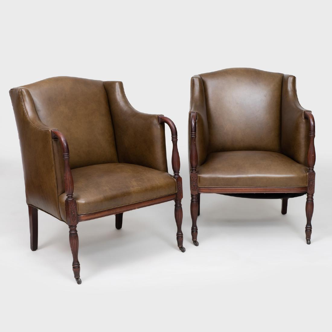 Pair of George III Style Mahogany and Leather Armchairs: Pair of George III Style Mahogany and Leather Armchairs 33 x 25 x 22 in. Property of a Gentleman