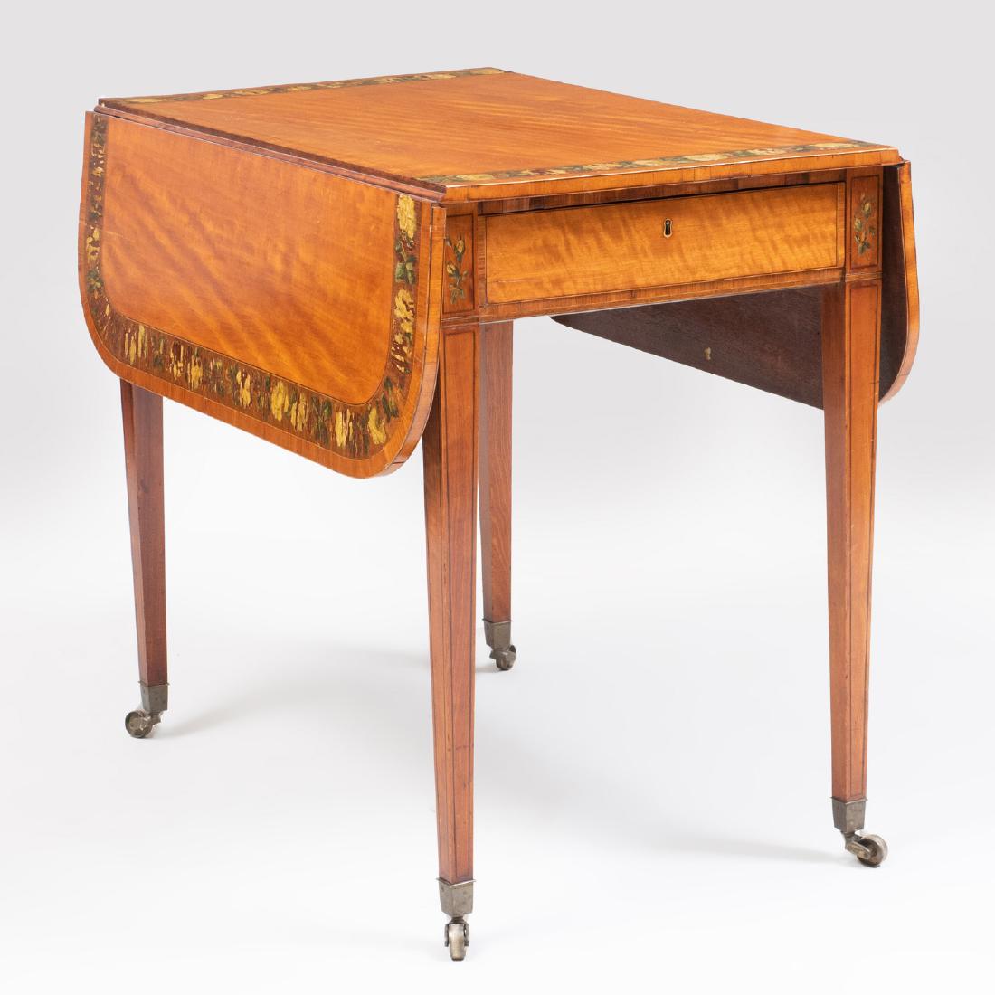 George III Polychrome Decorated Satinwood Pembroke: George III Polychrome Decorated Satinwood Pembroke Table Fitted with one drawer, raised on casters. 28 3/4 x 41 1/4 (extended) x 32 in. Width closed: 20 1/2 in. J. J. Wolff Antiques, Ltd., 825 Madison