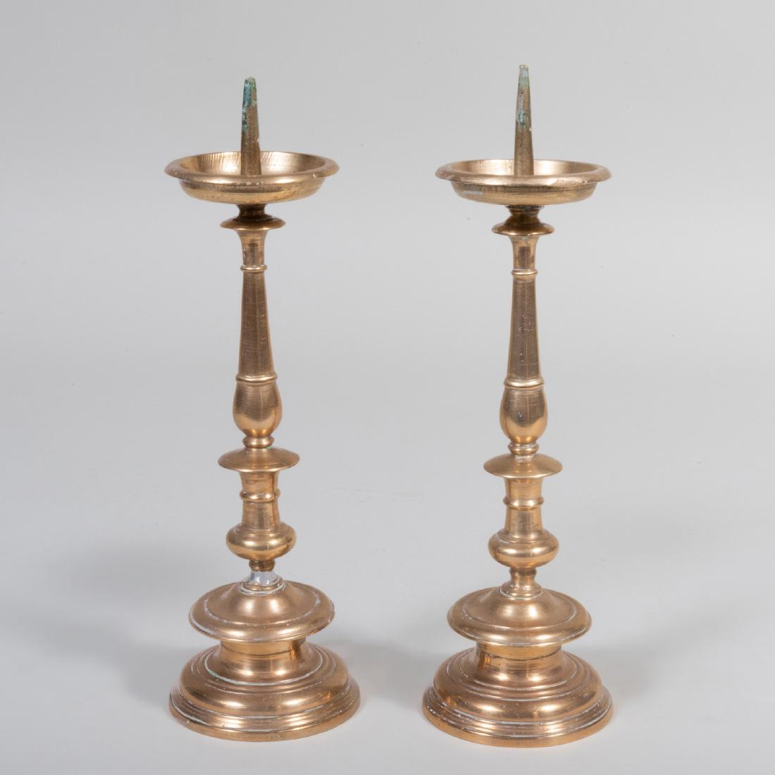 Pair of Continental Brass Pricket Sticks: Pair of Continental Brass Pricket Sticks 13 1/2 x 4 in. diam.