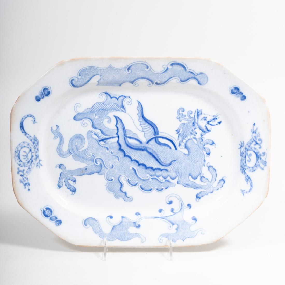 Mason's Ironstone Transfer Printed Blue and White: Mason's Ironstone Transfer Printed Blue and White Platter Printed and impressed marks, decorated with a mythical beast. 10 3/4 x 14 5/8 in. Property from the Estate of Jan Cowles