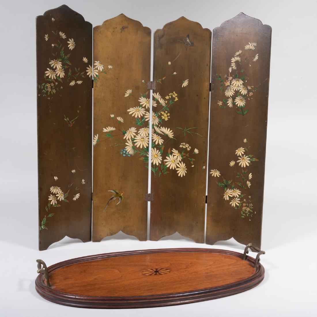 George III Style Wood Tray and Victorian Painted Four: George III Style Wood Tray and Victorian Painted Four Panel Firescreen The tray 23 1/2 in. wide (over handles), 28 1/2 x 7 in. (each panel).