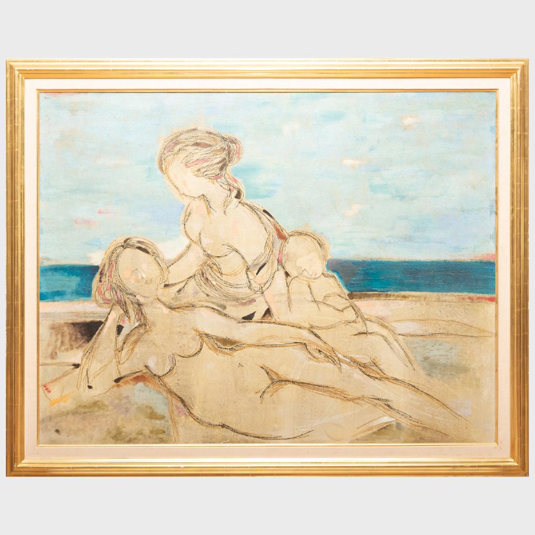 Lazzaro Donati (1926-1977): La Spiaggia: Lazzaro Donati (1926-1977): La Spiaggia Oil on board, 1961, signed 'Donati' upper left, inscribed 'Lazzaro Donati', titled and dated on the reverse, with the Hammer Galleries inkstamp. 45 x 59 in., 53